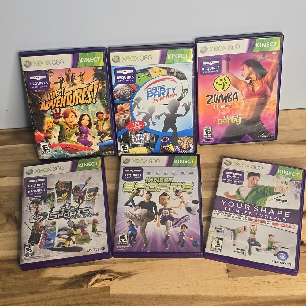Microsoft Xbox 360 Kinect 6 Game Lot Sports Fitness Adventures Bundle Purple